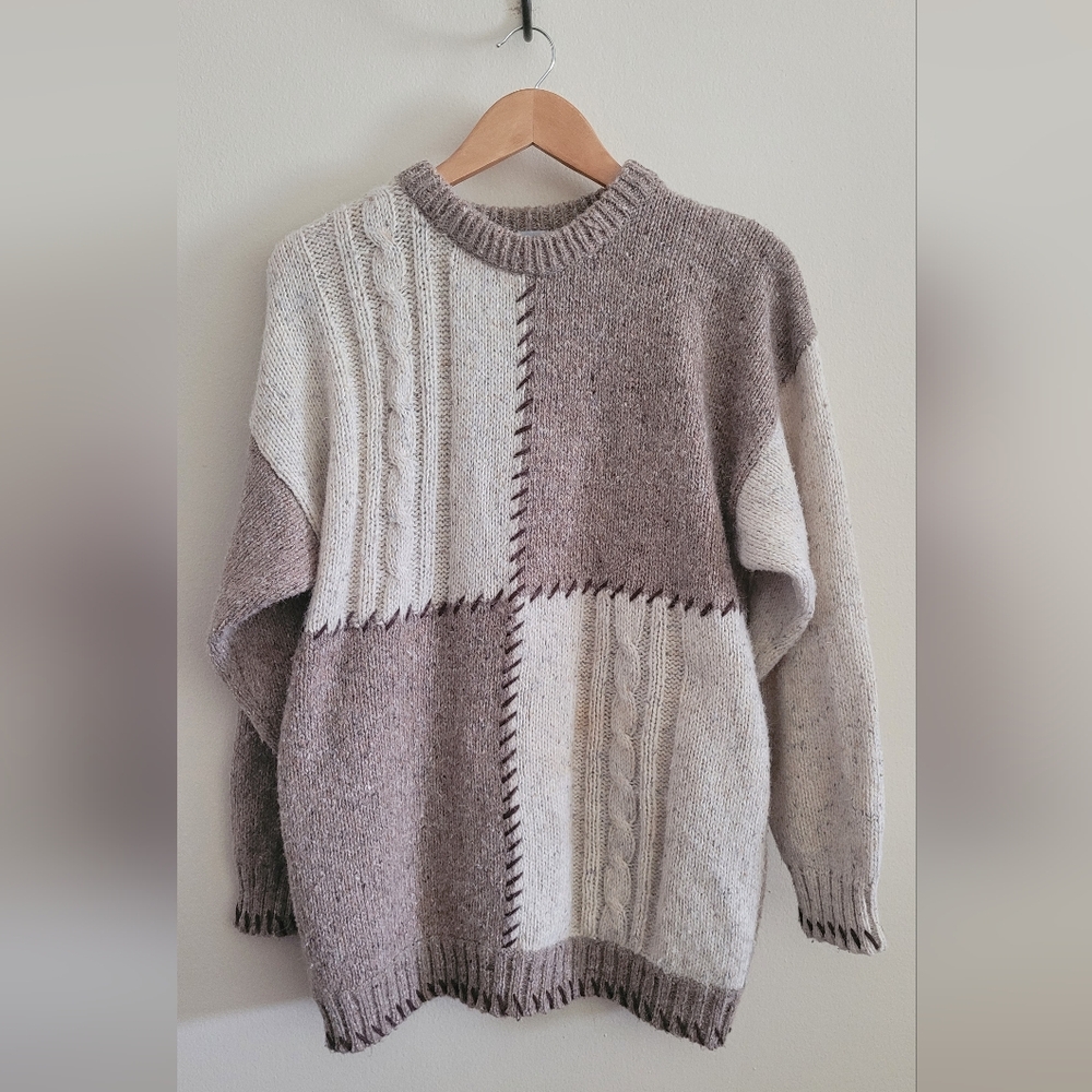 Vtg Hasting & Smith Wool Blend Chunky Patchwork Sweater, Women's L, Oatmeal